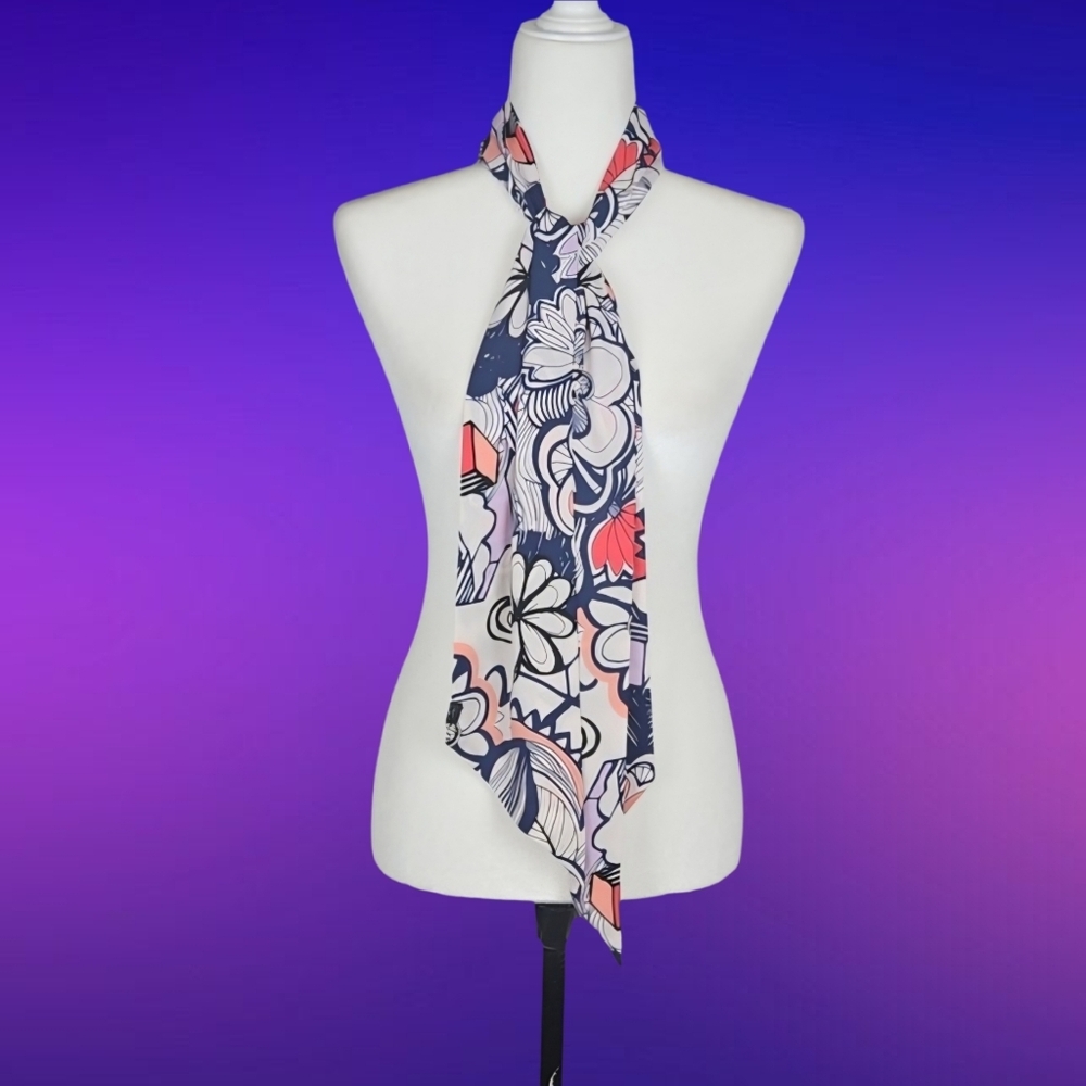 Floral Sateen Scarf Navy Blue Soft White Lavender Peach Multicolor Accessory